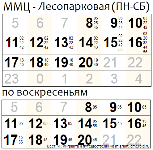 Расписание автобуса от ММЦ в Сахарово до метро Лесопарковая